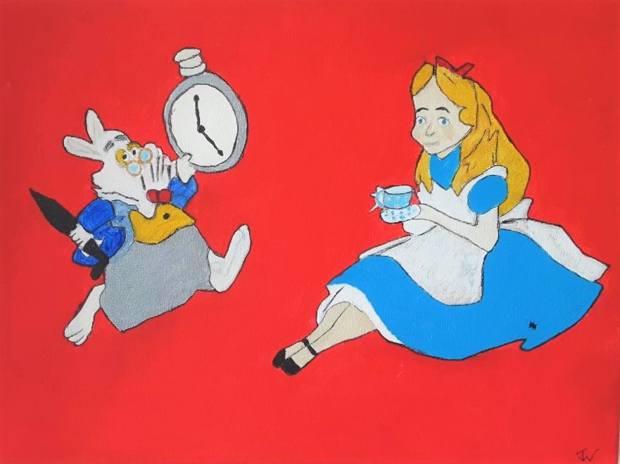 This was a commission taking from a photo An illustration of Alice sitting with a cup in hand, wearing a blue dress and white apron, while the White Rabbit, dressed in a blue coat and yellow vest, anxiously checks his pocket watch. The background is a vivid red.