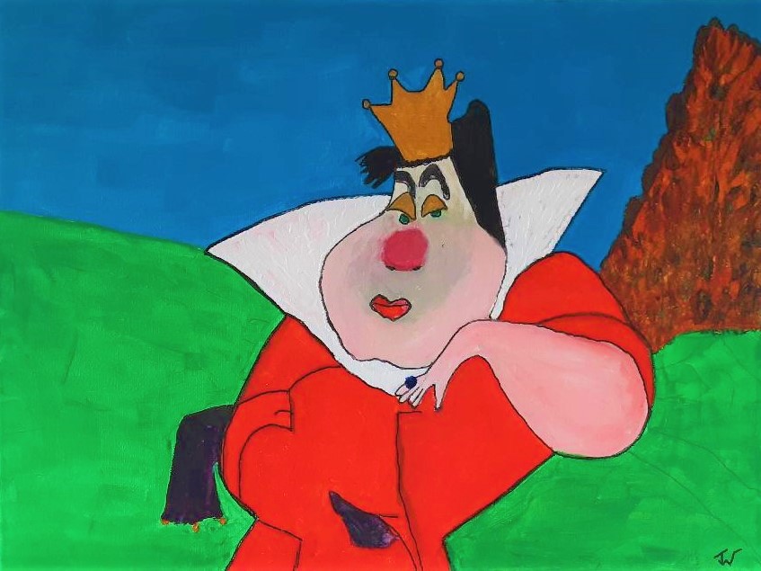 A cartoon-style painting of the red queen with a crown, wearing a red dress and large collar, depicted with exaggerated facial features and a playful expression, set against a colourful background.