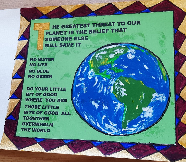 This is my submission. An Artistic depiction of Earth with text emphasizing environmental responsibility and the importance of individual actions in saving the planet.