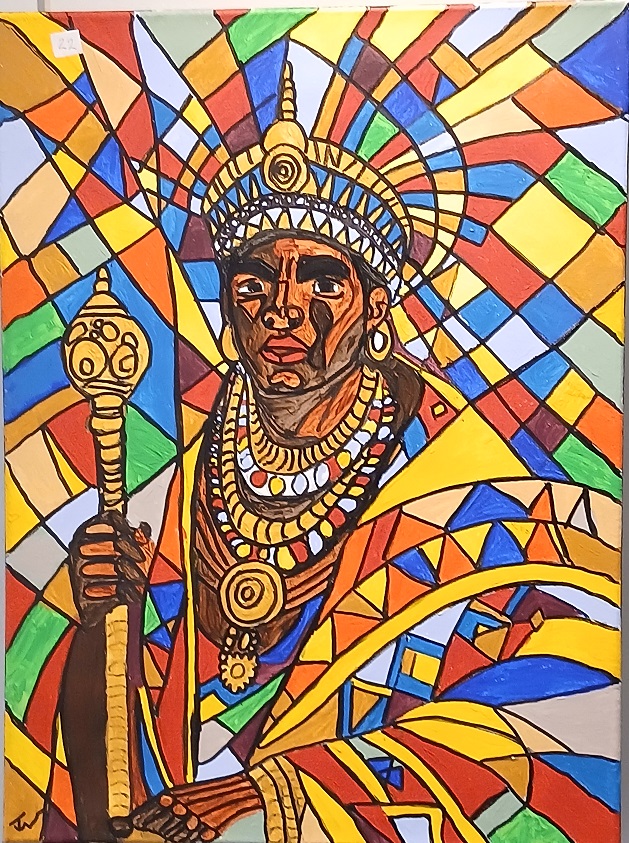 A colourful painting of a African Chief adorned with traditional jewellery, and a headdress, holding a staff, set against a vibrant geometric background.