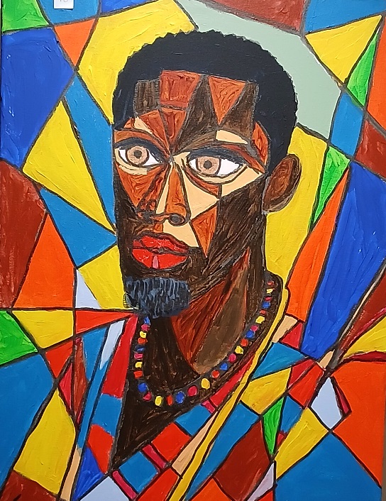 A colourful abstract portrait of a African man with a geometric design, featuring a mix of vibrant colours like red, blue, yellow, and green. The man has short, curly hair and is wearing a necklace with colourful beads.