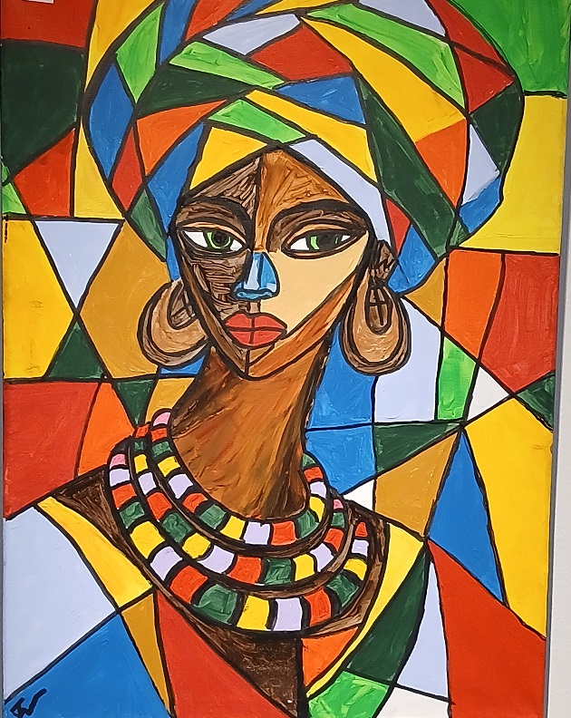 A colourful abstract painting of African a woman wearing a headscarf and large earrings, adorned with vibrant necklaces, set against a background of geometric shapes in various colours.