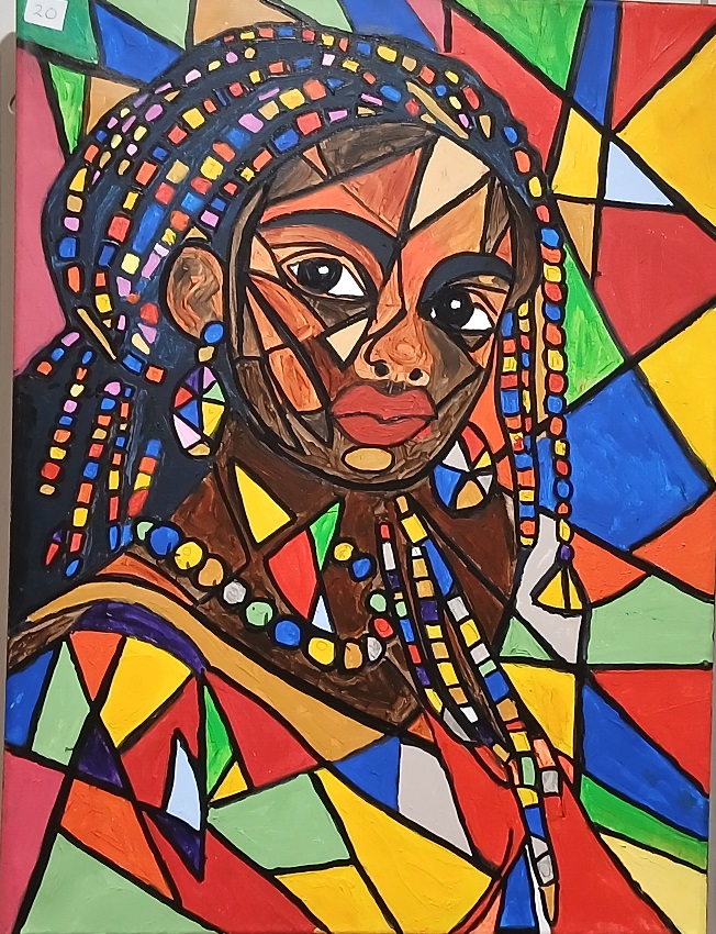 A colourful abstract portrait of a young African girl with braided hair, adorned with a necklace and earrings, set against a vibrant geometric background.