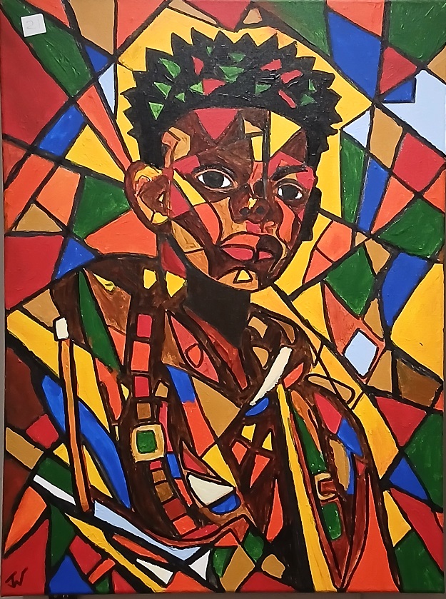 A colorful and abstract portrait of a young African boy with curly hair, depicted using geometric shapes and bold colors.