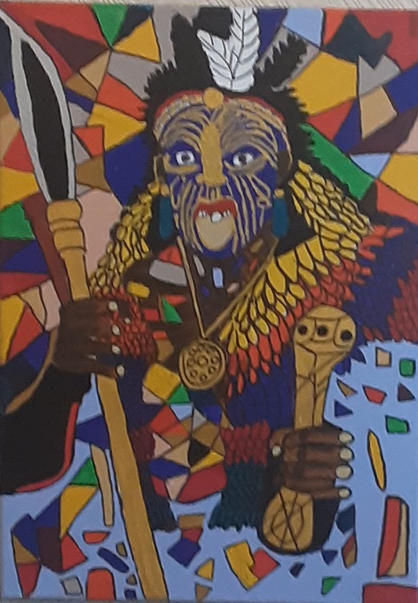 A vibrant, abstract painting of a Maori warrior figure holding a spear and a staff, adorned with colourful feathered cloak, tribal patterns and accessories.
