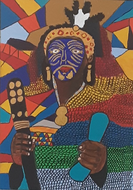 A colorful artwork depicting a person with a blue and white painted face, wearing a crown and traditional attire, holding a stick and a blue object against a vibrant geometric background.