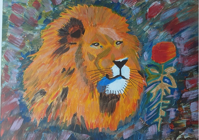 A colorful painting of a lion's head with a vibrant orange mane, accompanied by a red rose on a textured background.