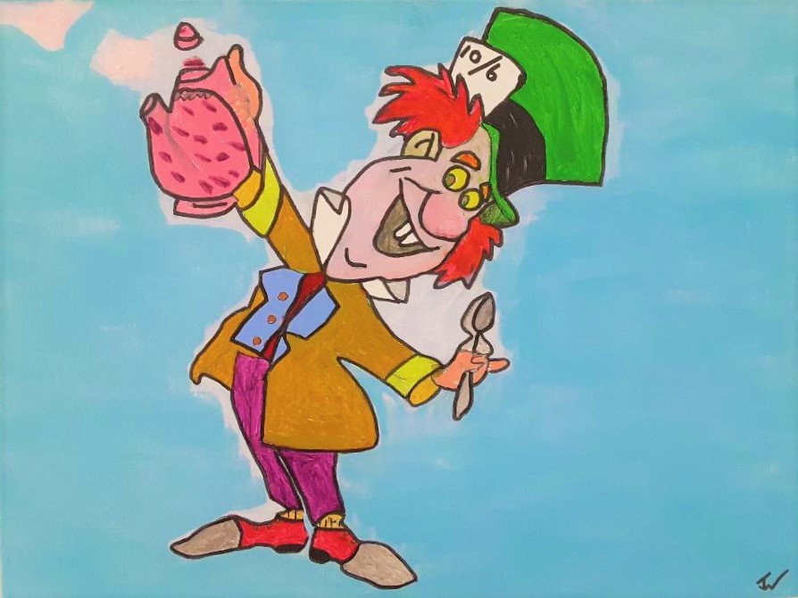 A colorful cartoon illustration of a character with red hair and a green and black hat, holding a teapot in one hand and a spoon in the other, set against a blue background.