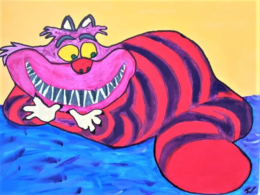 A colourful, cartoonish depiction of a chesses cat with a striped body, resting on a blue surface against a yellow background.